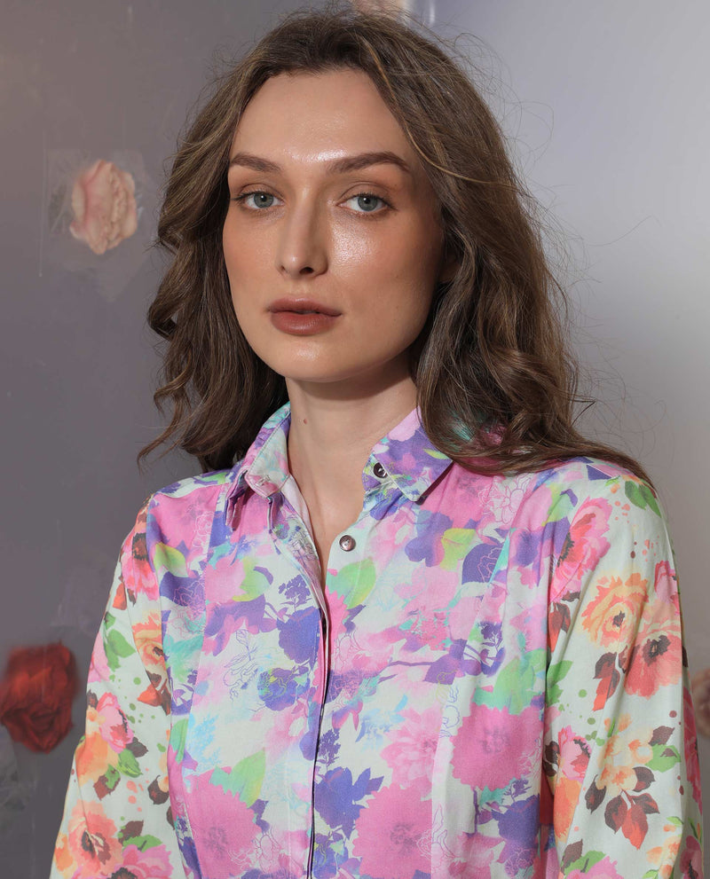 Rareism Women'S Caliista Multi Viscose Fabric Full Sleeves Button Closure Shirt Collar Regular Fit Floral Print Maxi Tiered Dress