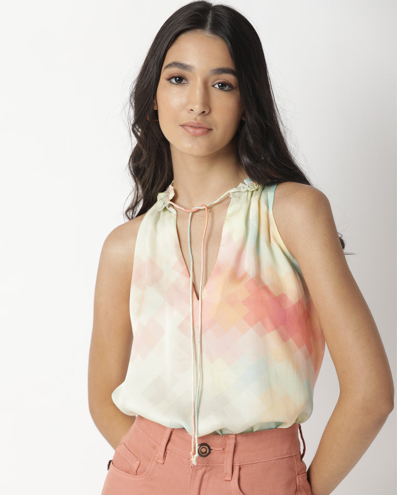 GROOT- ABSTRACT PRINTED SLEEVELESS WOMEN'S TOP - OFF WHITE