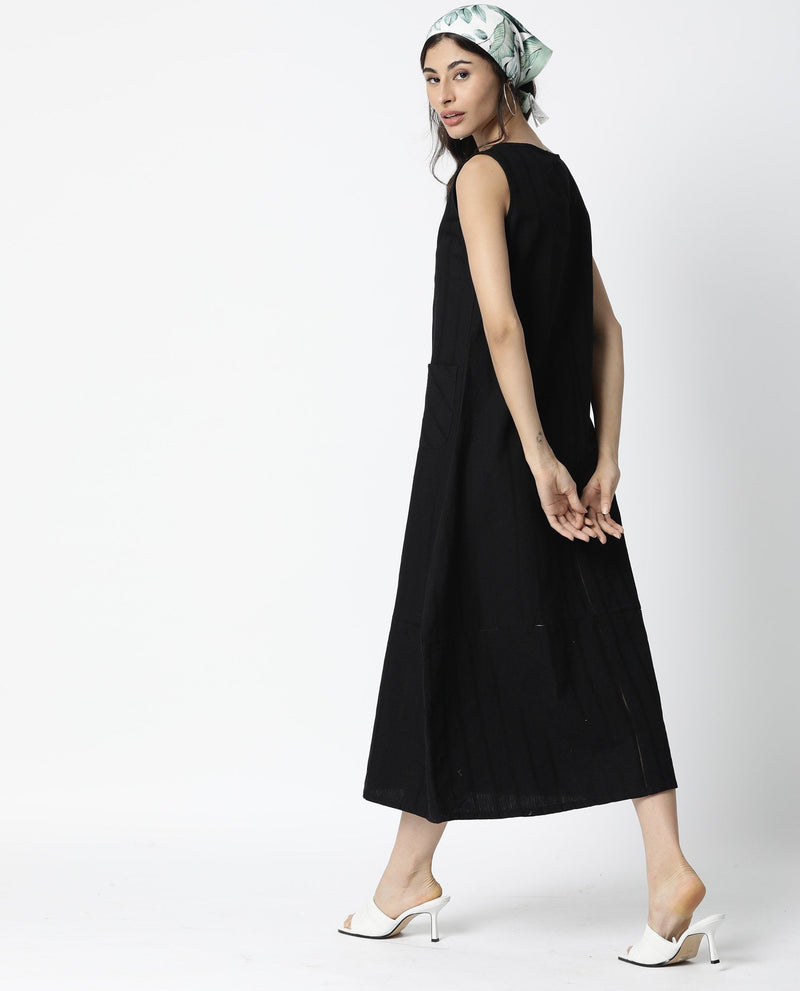 CHLOE- LINEN BLEND WOMEN'S LONG DRESS - BLACK