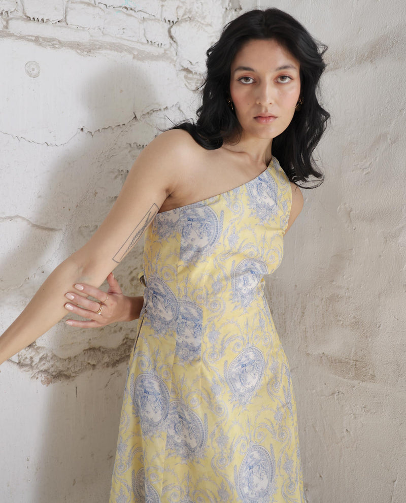 Rareism Women's Bermera Multi Cotton Fabric Sleeveless Zip Closure One Shoulder One Shoulder Fit And Flare Ornamental Print Midi Dress