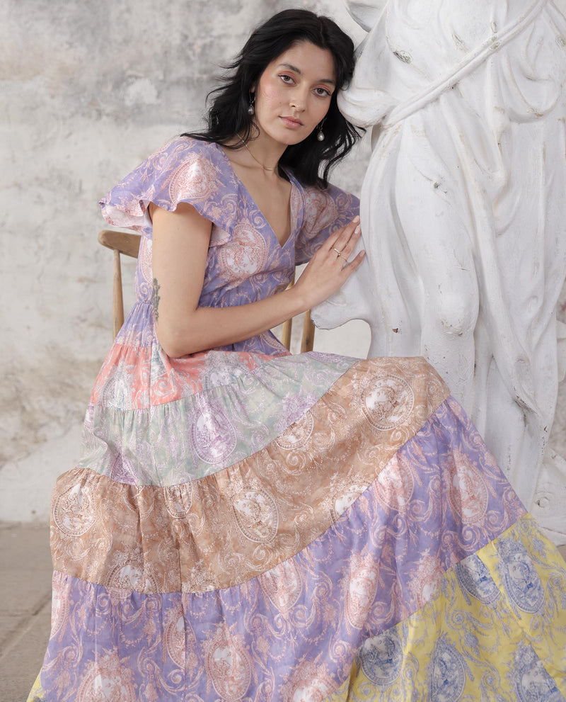 Rareism Women's Grubin Multi Cotton Fabric Short Sleeves V-Neck Raglan Sleeve Fit And Flare Ornamental Print Maxi Dress