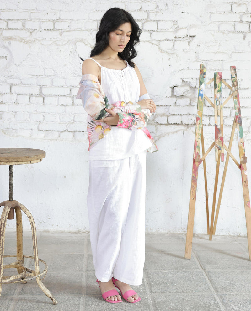 Rareism Women's Jorden Pastel White Cotton Fabric Drawstring Closure Wide Leg Fit Plain Ankle Length Trousers