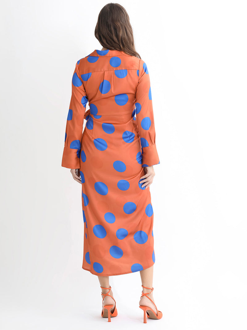 Rareism Women'S Farben Dark Orange Polyester Fabric Full Sleeves Tie-Up Closure Shirt Collar Regular Fit Polka Maxi Wrap Dress