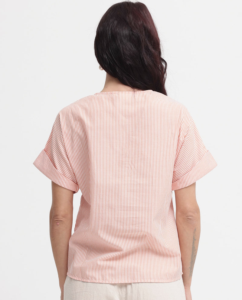 Rareism Women'S Abdoo Orange Cotton Fabric Short Sleeve V-Neck   Stripe Top