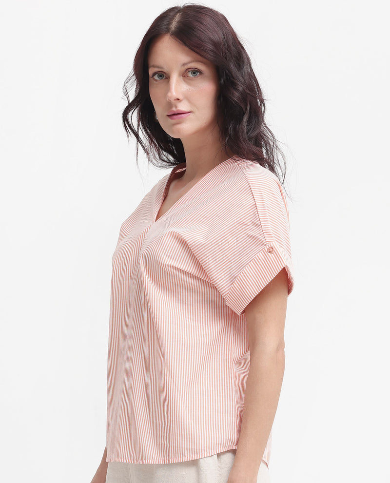Rareism Women'S Abdoo Orange Cotton Fabric Short Sleeve V-Neck   Stripe Top