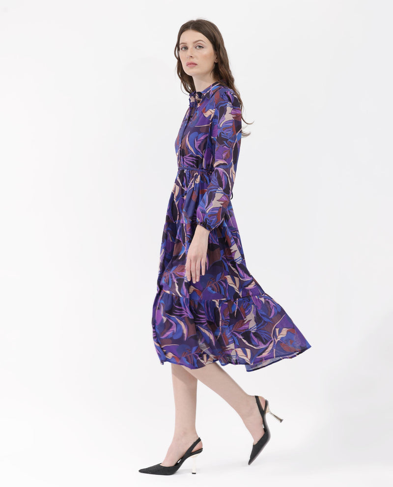 Rareism Women's Abra Purple Cotton Fabric Full Sleeves Tie-Up Closure Collared Neck Bishop Sleeve Relaxed Fit Abstract Print Midi Dress