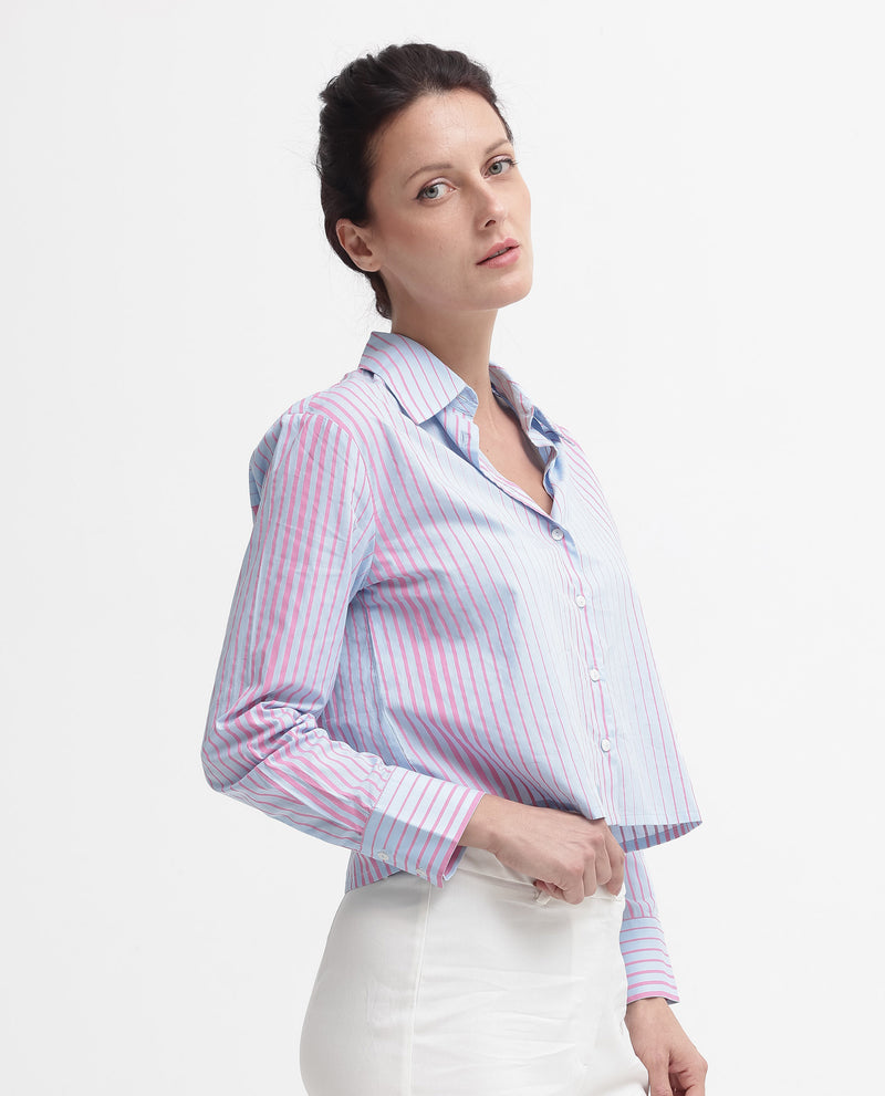 Rareism Women'S Abylay Light Purple Cotton Fabric Full Sleeve Collared Neck Button Closure Stripe Cropped Fit Shirt
