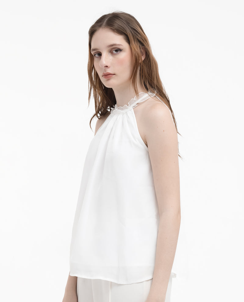 Rareism Women'S Akane White Polyester Fabric Halter neck Sleeveless Round Neck  Solid Top