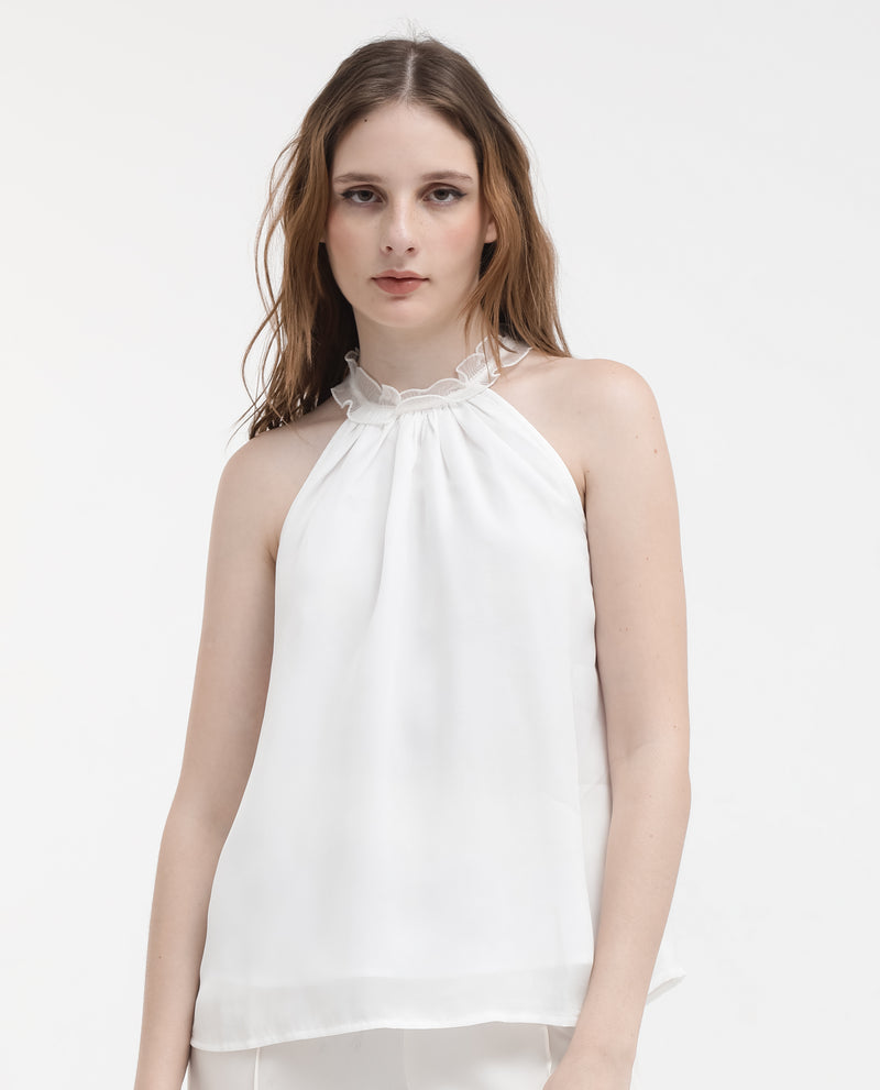 Rareism Women'S Akane White Polyester Fabric Halter neck Sleeveless Round Neck  Solid Top
