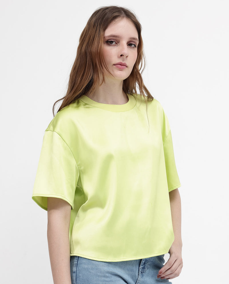 Rareism Women'S Akiya Green Polyester Fabric Short Sleeve Top with Ribbed Neck