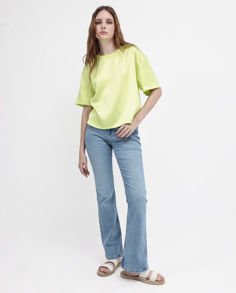 Rareism Women'S Akiya Green Polyester Fabric Short Sleeve Top with Ribbed Neck
