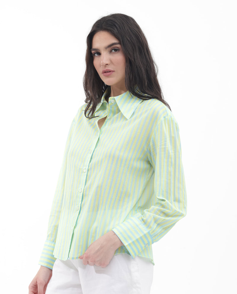 Rareism Women'S Striped Button-Down Shift Dress With Cuffed Sleeves