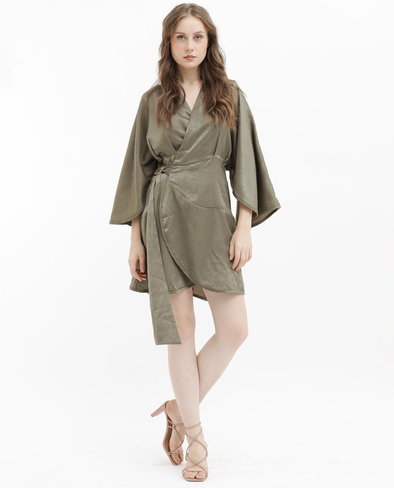 Rareism Women's Alapeno Dark Olive Satin Fabric 3/4Th Sleeves Tie-Up Closure V-Neck Bell Sleeve Relaxed Fit Plain Mini Dress