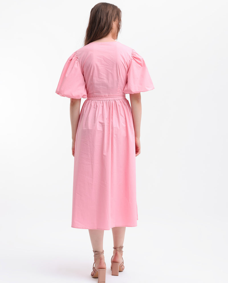 Rareism Women's Aleo Light Pink Poly Lycra Fabric Short Sleeves Button Closure V-Neck Balloon Sleeve Relaxed Fit Plain Maxi Dress