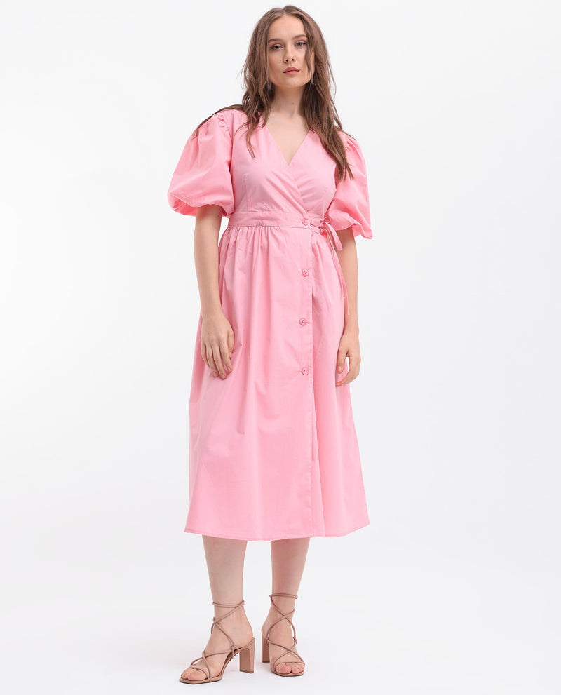 Rareism Women's Aleo Light Pink Poly Lycra Fabric Short Sleeves Button Closure V-Neck Balloon Sleeve Relaxed Fit Plain Maxi Dress