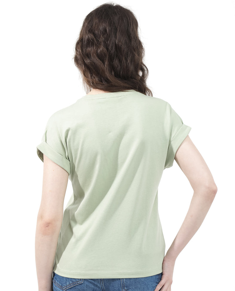 Rareism Women'S Alexy Pastel Green Cotton Poly Fabric Short Sleeve Crew Neck Solid T-Shirt
