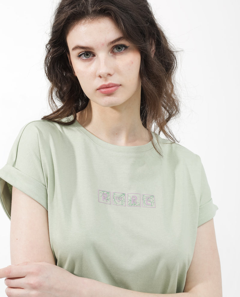 Rareism Women'S Alexy Pastel Green Cotton Poly Fabric Short Sleeve Crew Neck Solid T-Shirt