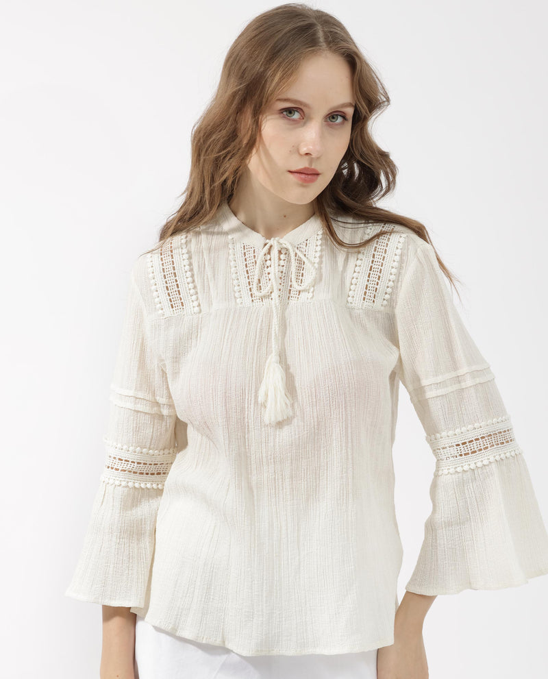 Rareism Women's Alonzo Light Beige Cotton Fabric 3/4Th Sleeves Tie-Up Neck Regular Fit Plain Top