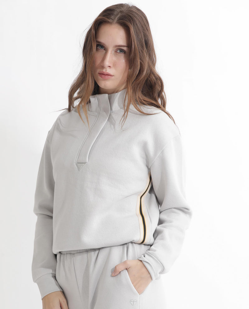 Rareism Articale Women'S Aldrichh Light Grey Poly Cotton Fabric Full Sleeves Zip Closure High Neck Regular Fit Plain Sweatshirt