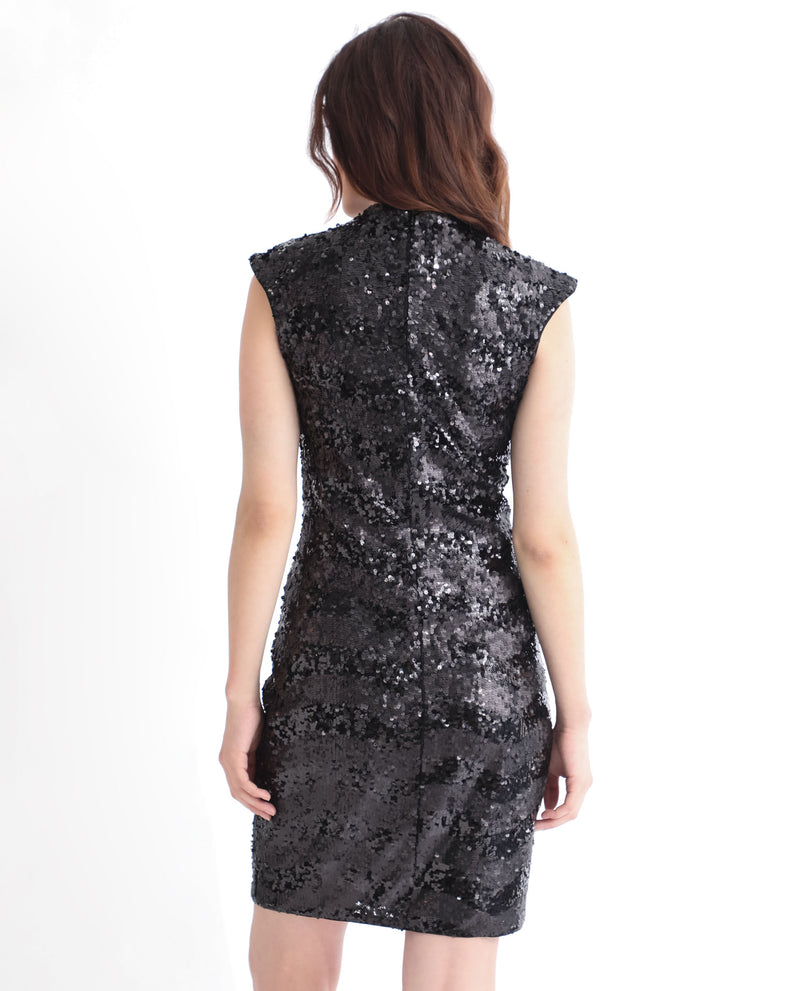 Rareism Women'S Alzo Sheen Black Round Neck Sleeveless With Back Zip Closure Sequined Bodycon Dress