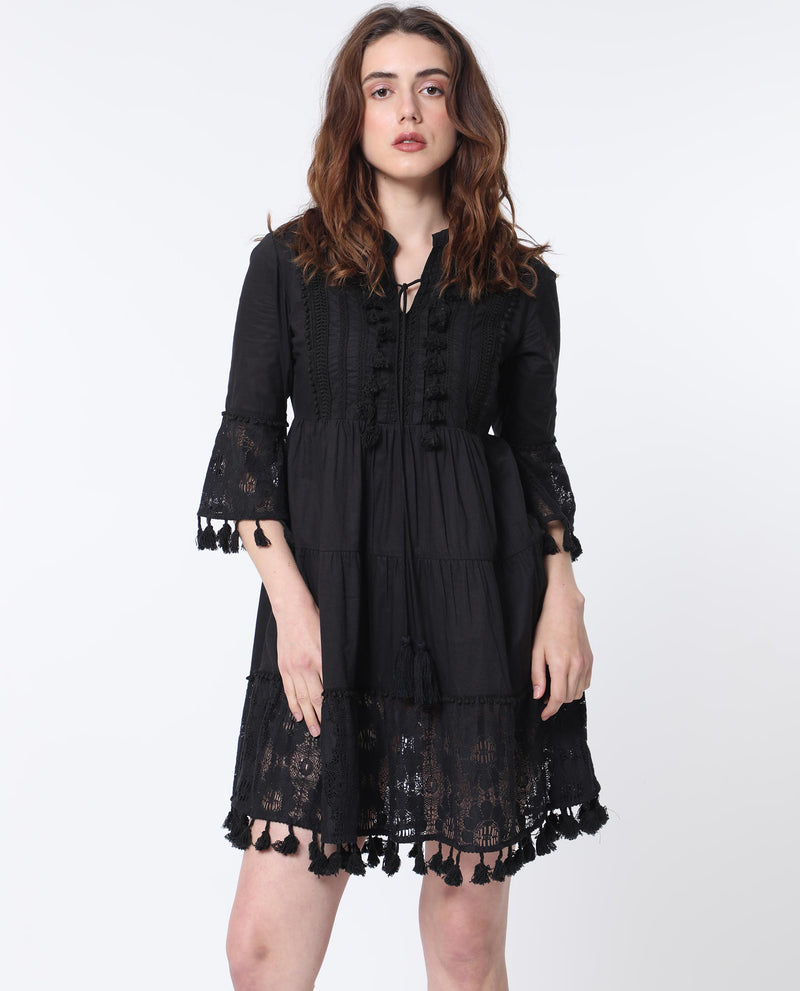 RAREISM WOMEN'S ANDARIN BLACK DRESS COTTON FABRIC  SOLID