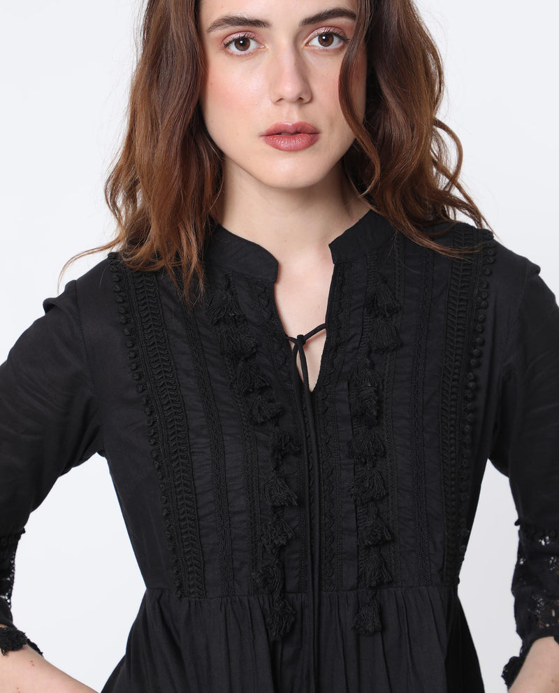 RAREISM WOMEN'S ANDARIN BLACK DRESS COTTON FABRIC  SOLID