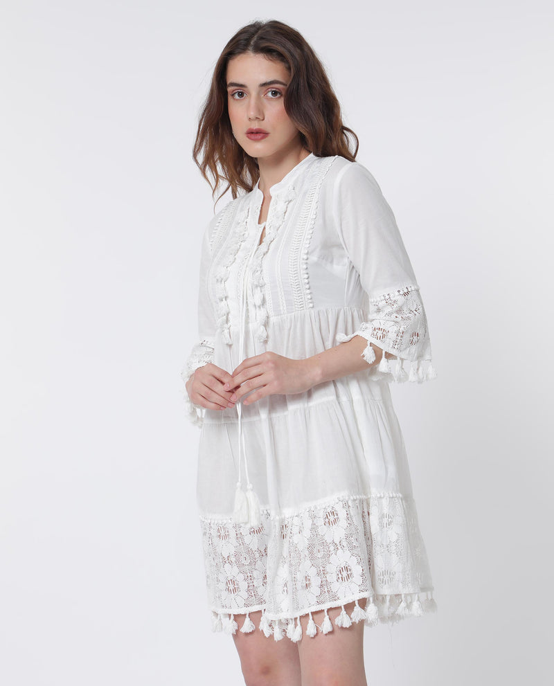 RAREISM WOMEN'S ANDARIN WHITE DRESS COTTON FABRIC SOLID
