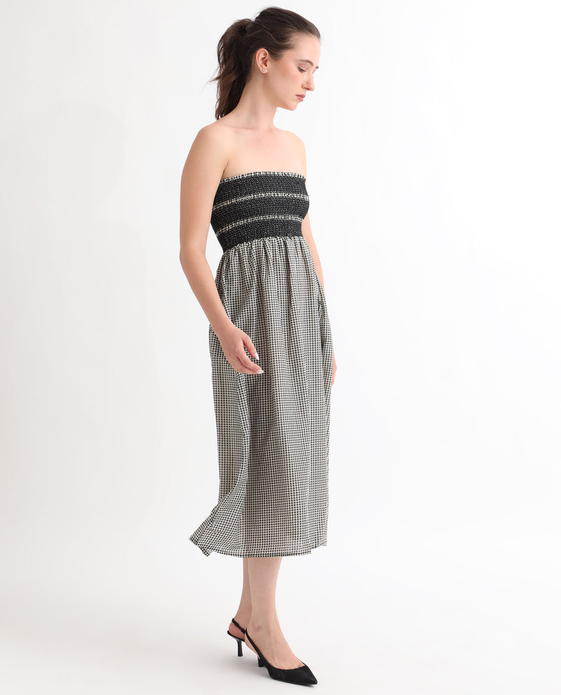 Rareism Women's Anderson Beige Cotton Fabric Tube Neck Sleeveless Relaxed Fit Geometric Print Midi Empire Dress
