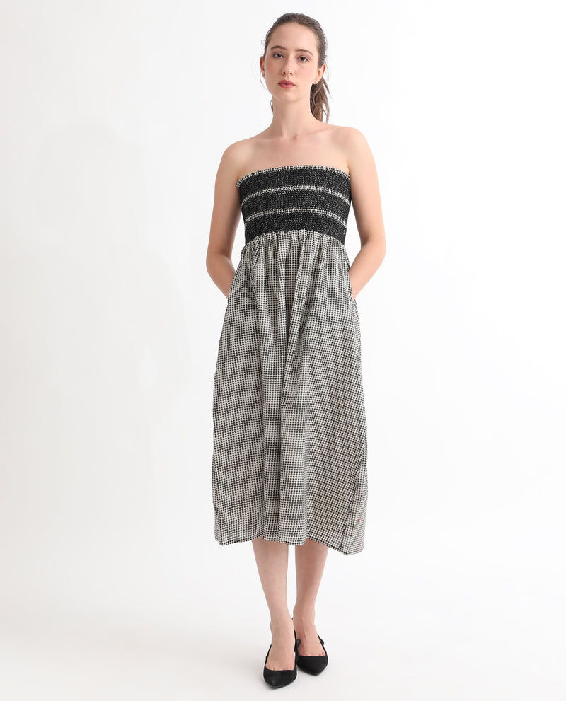 Rareism Women's Anderson Beige Cotton Fabric Tube Neck Sleeveless Relaxed Fit Geometric Print Midi Empire Dress