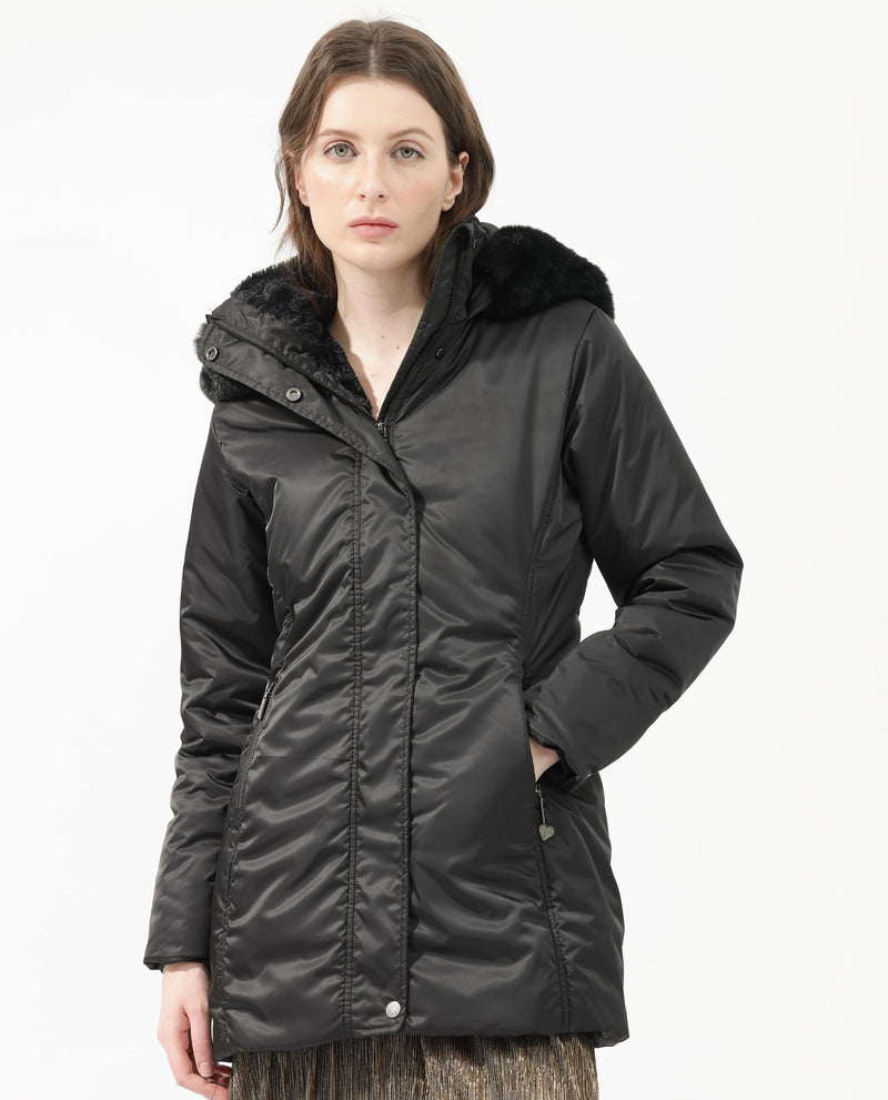 Rareism Women's Angena Black Polyester Fabric Full Sleeves Zip Closure Hooded Regular Fit Plain Jacket