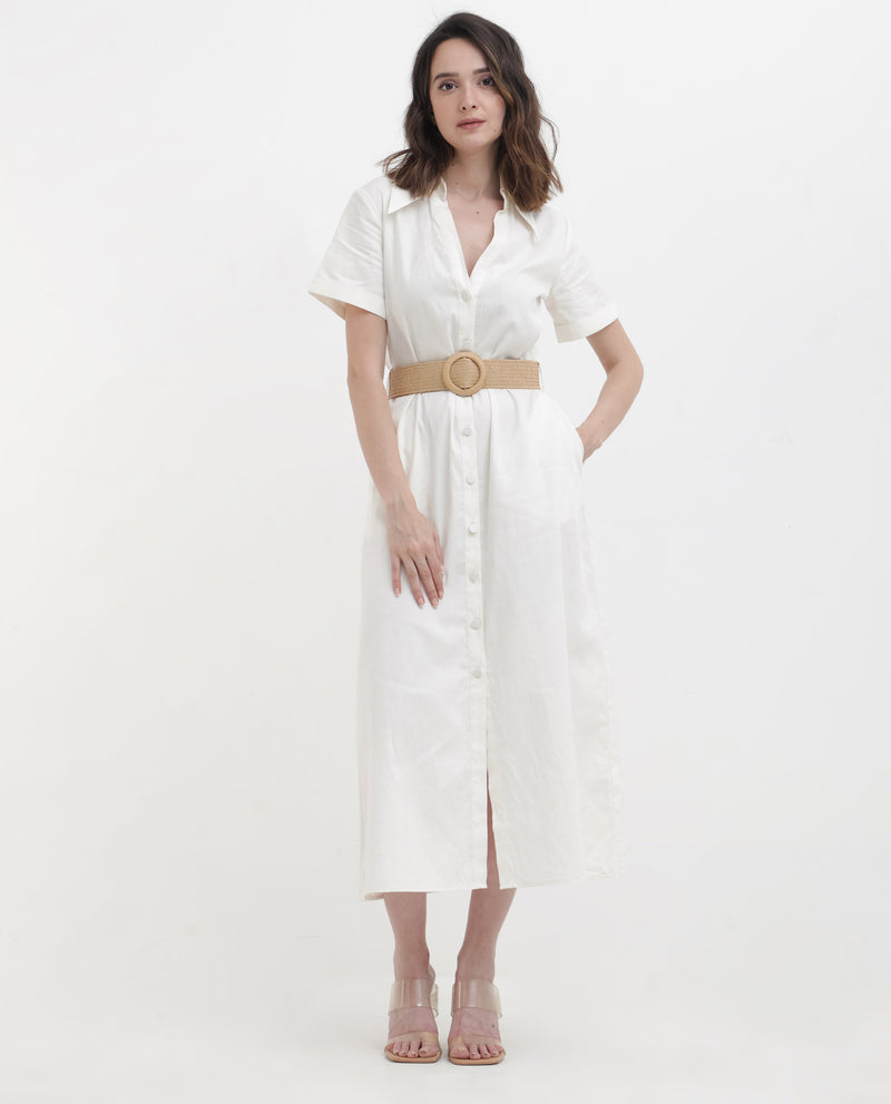 Rareism Women'S Ania White Cotton Fabric Short Sleeve Collared Neck Solid Regular Length Dress