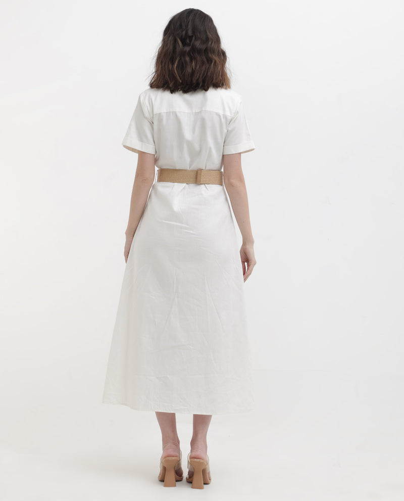 Rareism Women'S Ania White Cotton Fabric Short Sleeve Collared Neck Solid Regular Length Dress