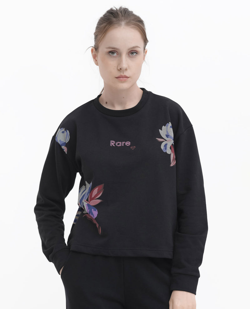 Rareism Articale Women's Argyle Black Poly Cotton Fabric Full Sleeves Crew Neck Regular Fit Graphic Print Sweatshirt