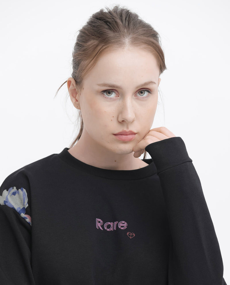 Rareism Articale Women's Argyle Black Poly Cotton Fabric Full Sleeves Crew Neck Regular Fit Graphic Print Sweatshirt