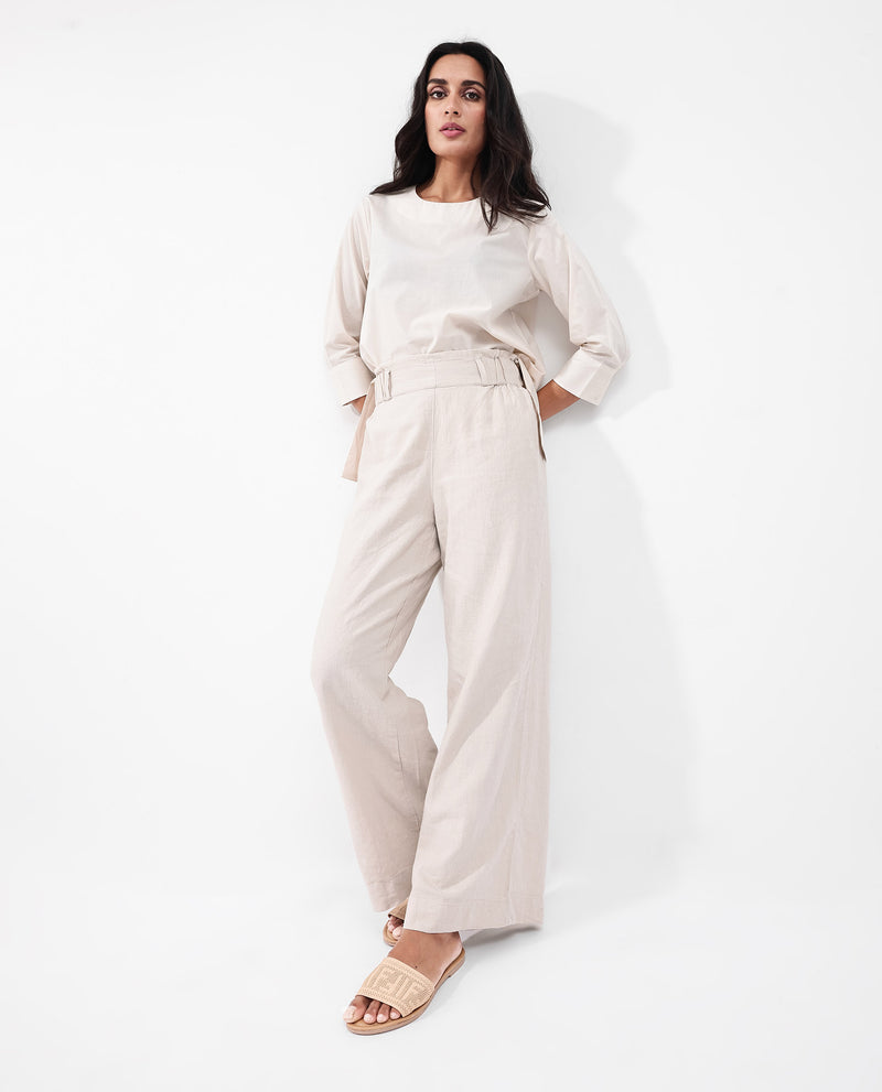 Rareism Women'S Arid Beige Cotton Linen Fabric Regular Length Trouser