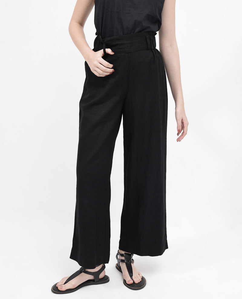 Rareism Women'S Arid Black Cotton Linen Fabric Regular Length Trouser