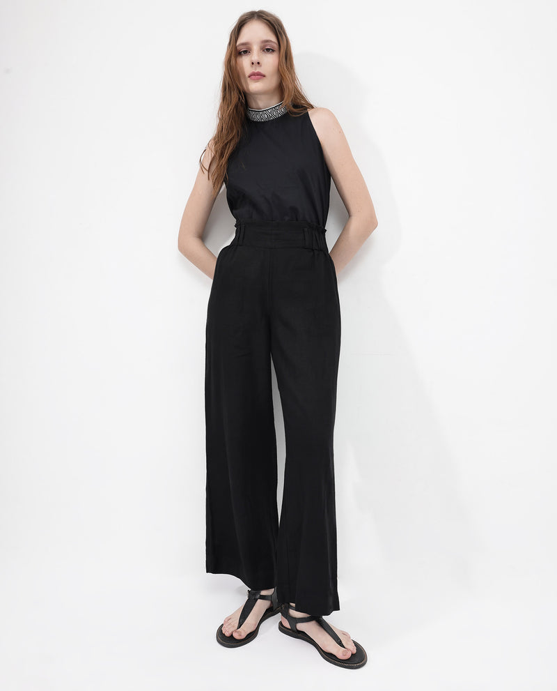 Rareism Women'S Arid Black Cotton Linen Fabric Regular Length Trouser