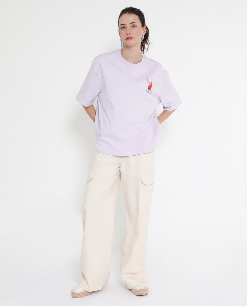 Rareism Women'S Arlene Pastel Purple Cotton Fabric Short Sleeve Crew Neck Solid T-Shirt