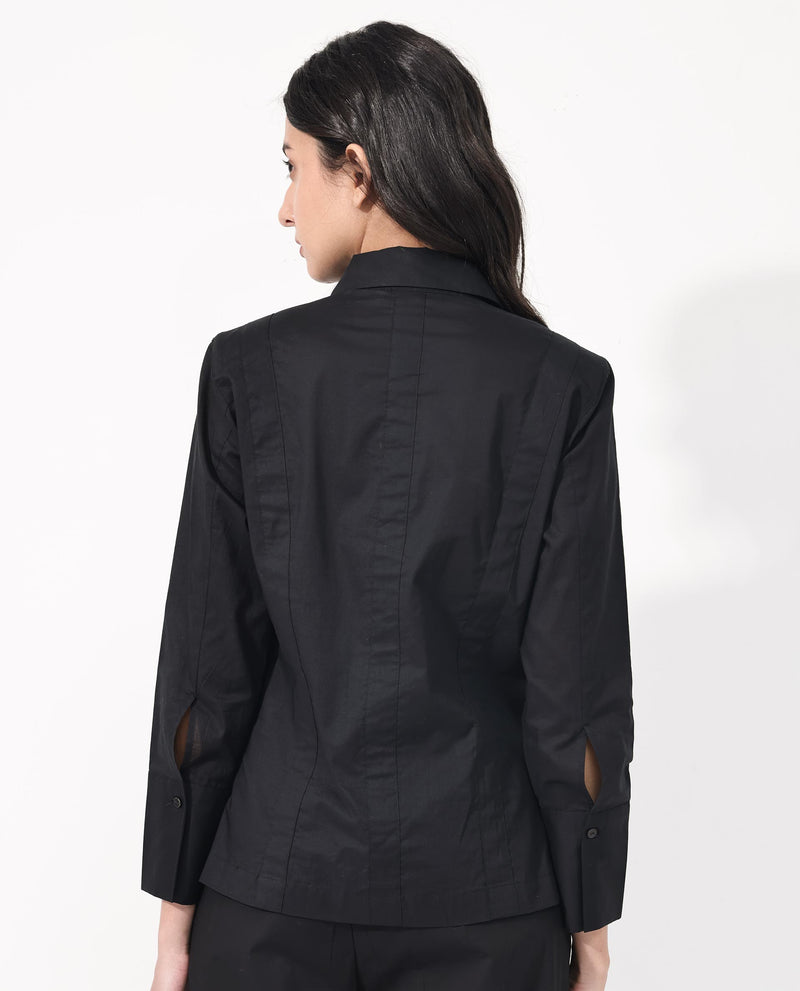 Rareism Women'S Arthur Black Cotton Fabric Collared Neck Solid Regular Fit Shirt