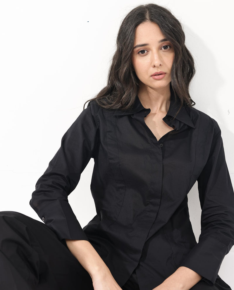 Rareism Women'S Arthur Black Cotton Fabric Collared Neck Solid Regular Fit Shirt