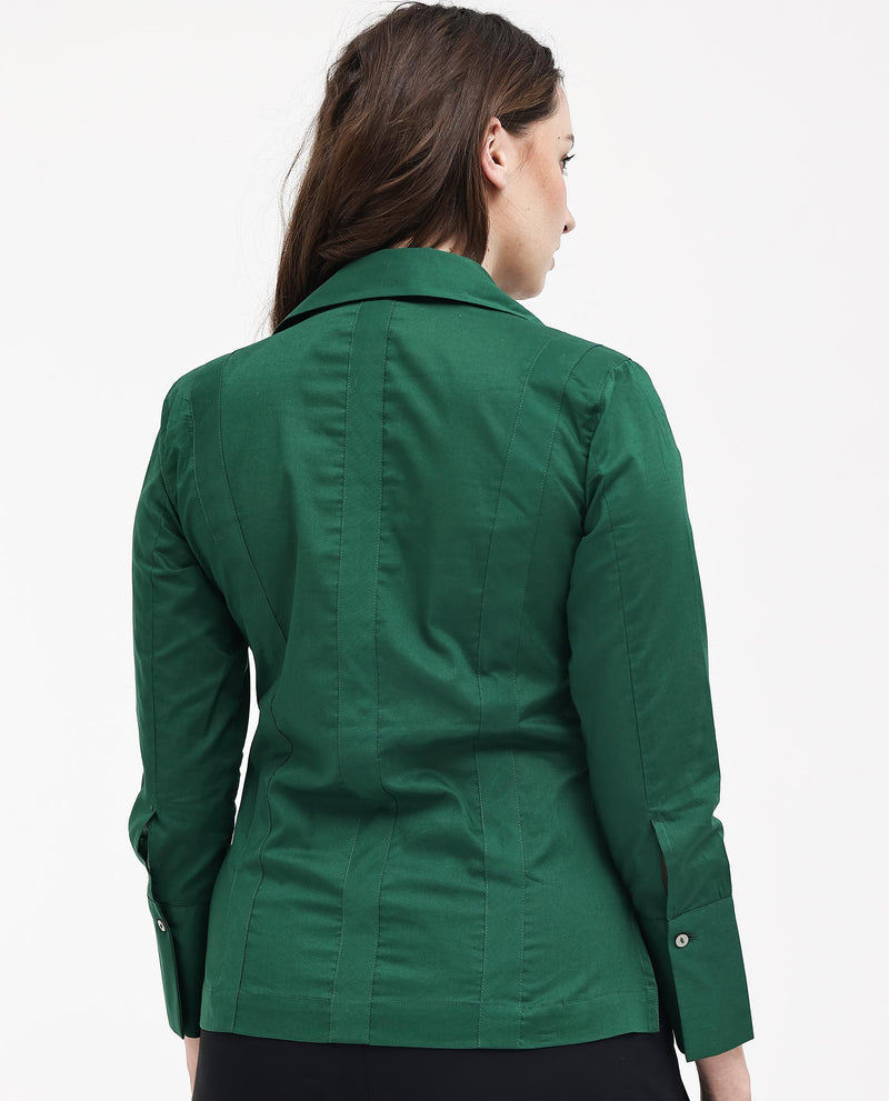 Rareism Women'S Arthur Dark Green Cotton Fabric Collared Neck Solid Regular Fit Shirt