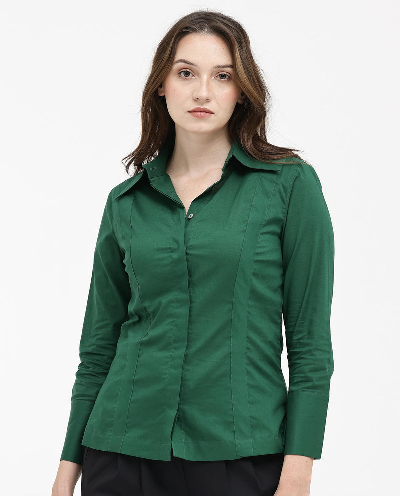 Rareism Women'S Arthur Dark Green Cotton Fabric Collared Neck Solid Regular Fit Shirt