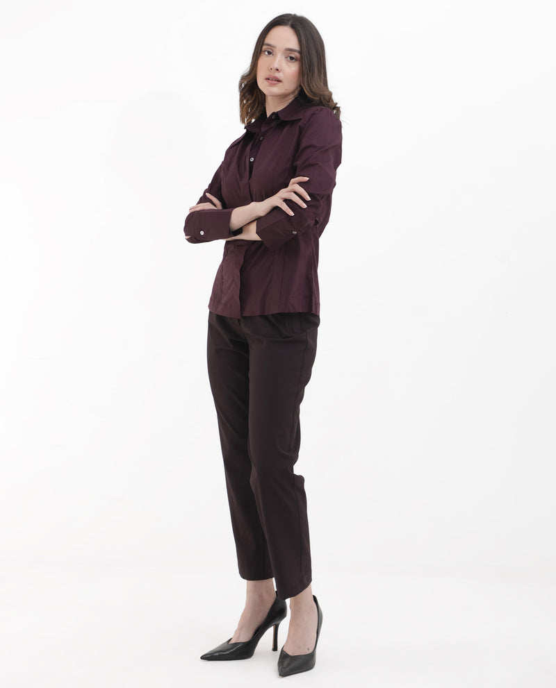 Rareism Women'S Arthur Dark Purple Cotton Fabric Collared Neck Solid Regular Fit Shirt