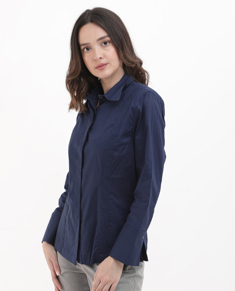 Rareism Women'S Arthur Navy Cotton Fabric Full Sleeves Button Closure Shirt Collar Cuffed Sleeve Regular Fit Plain Shirt
