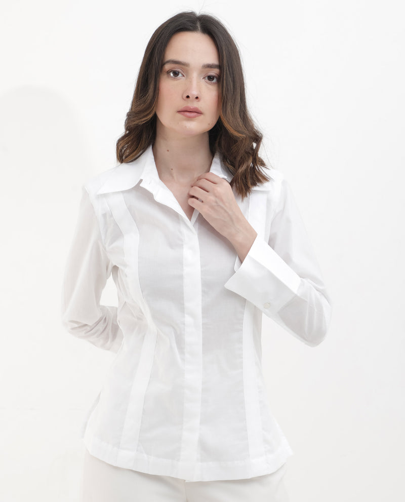 Rareism Women'S Arthur White Cotton Fabric Collared Neck Solid Regular Fit Shirt