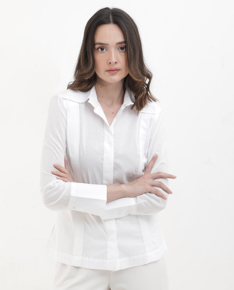 Rareism Women'S Arthur White Cotton Fabric Collared Neck Solid Regular Fit Shirt