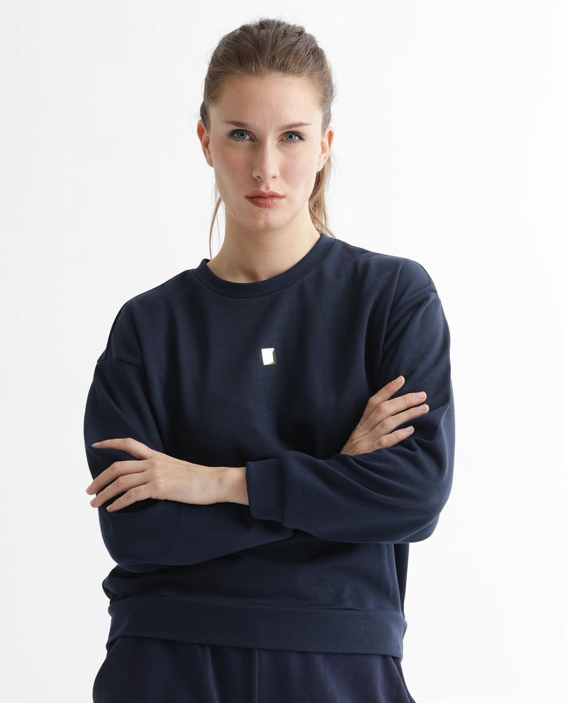 Rareism Articale Women'S Aimee Navy Poly Cotton Fabric Full Sleeves Crew Neck Boxy Fit Plain Sweatshirt