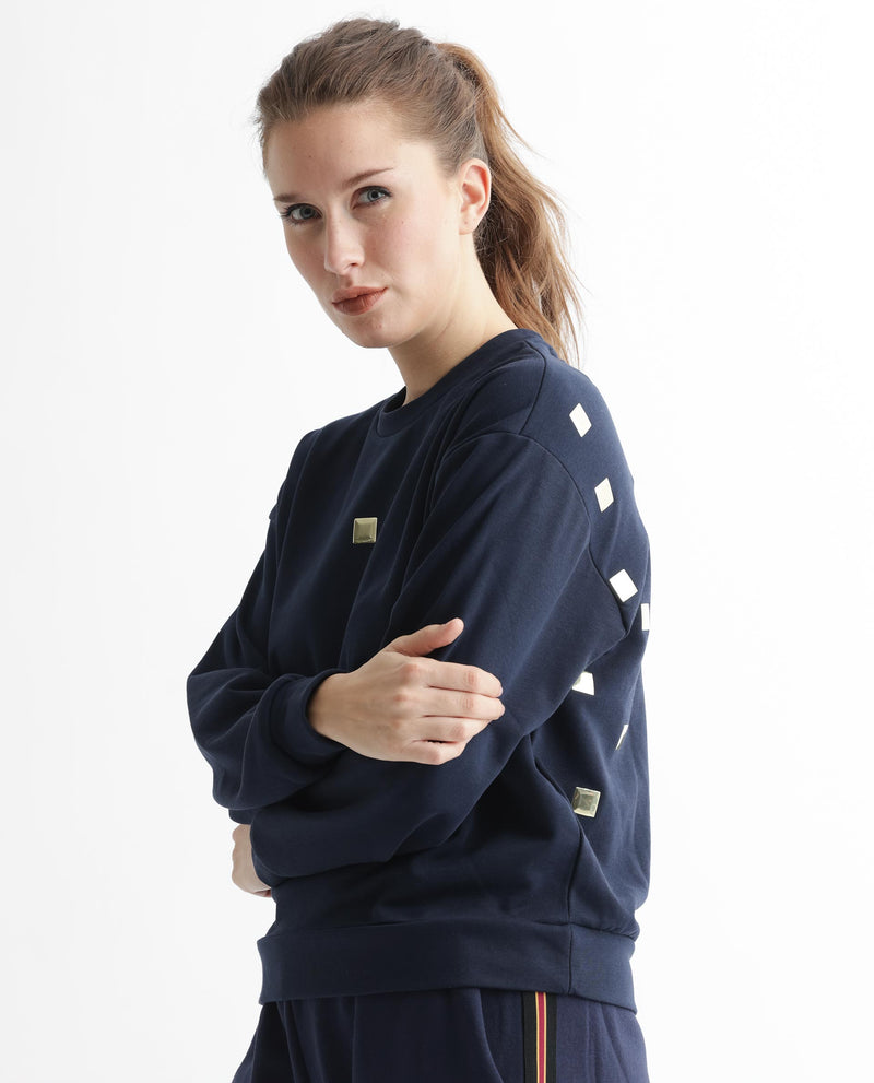 Rareism Articale Women'S Aimee Navy Poly Cotton Fabric Full Sleeves Crew Neck Boxy Fit Plain Sweatshirt