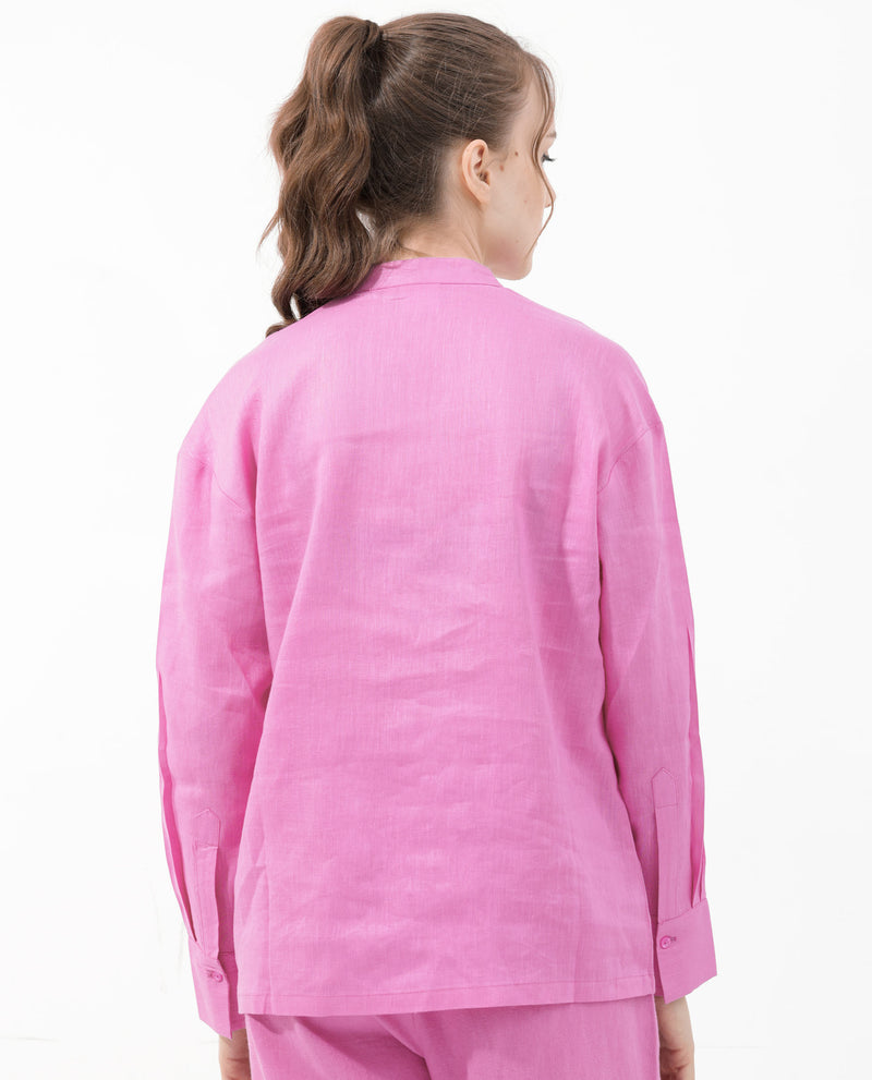Rareism Women'S Aruba Pastel Pink Cotton Linen Fabric Collared Neck Solid Regular Fit Shirt