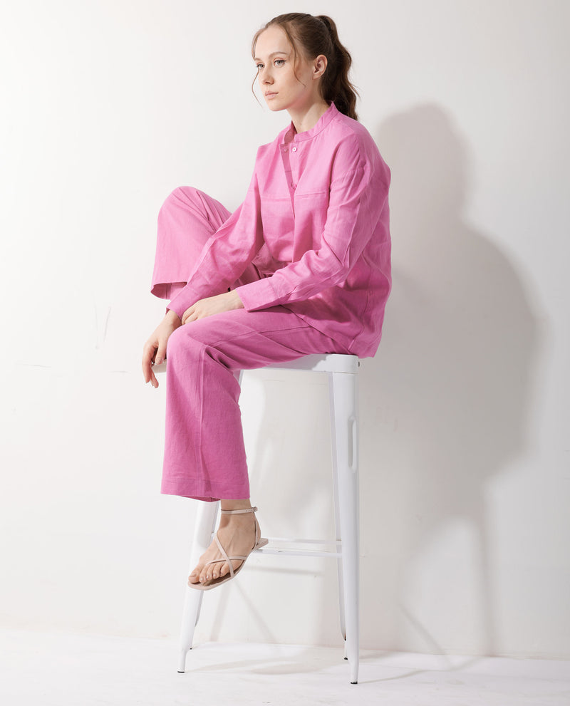 Rareism Women'S Aruba Pastel Pink Cotton Linen Fabric Collared Neck Solid Regular Fit Shirt